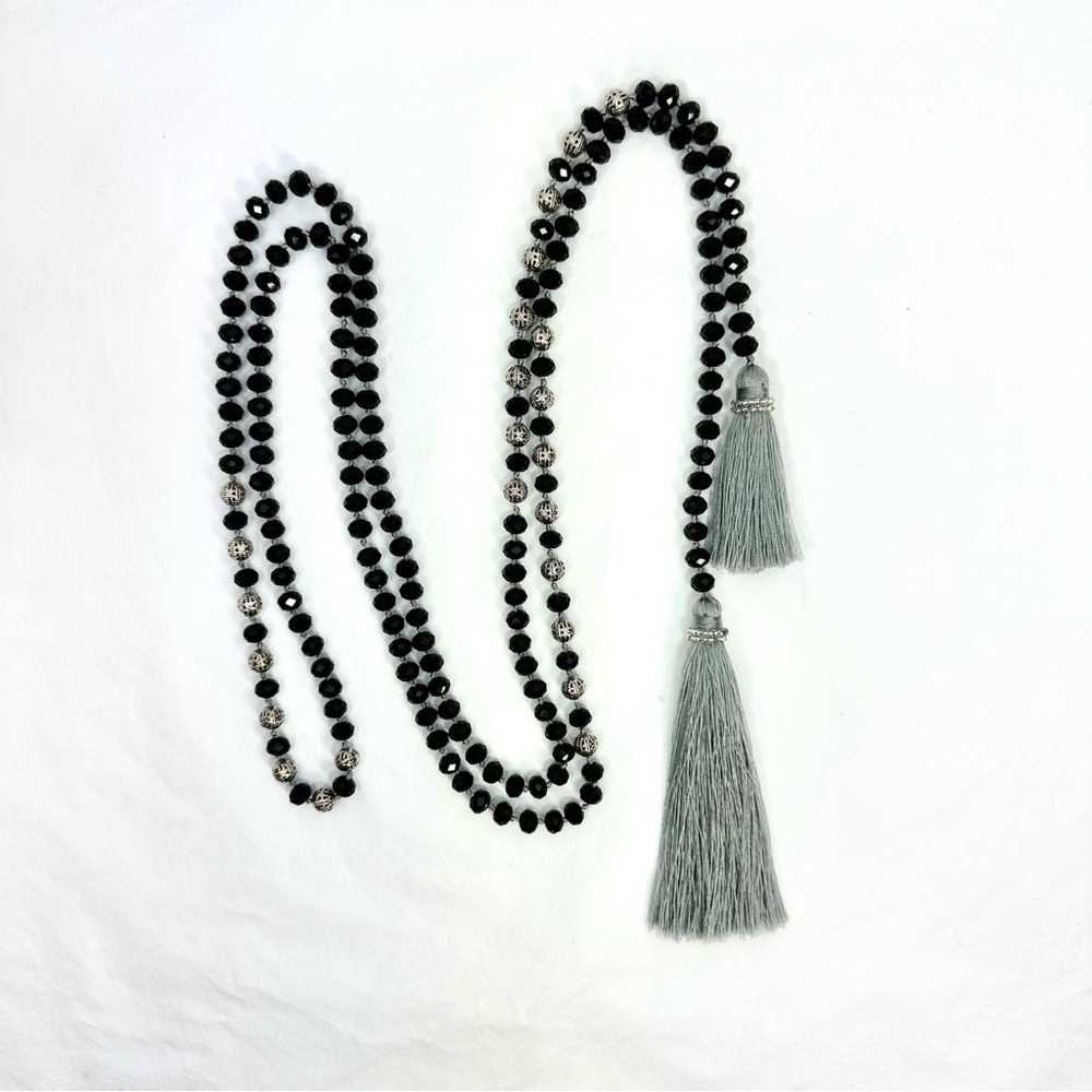 Elegant Opera Rope Necklace, Black and Silver-tone Beads with Gray Tassels. - Picture 3 of 5